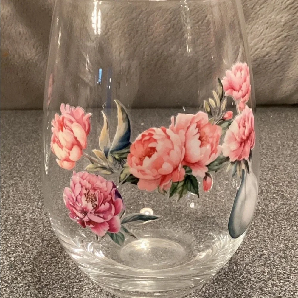 Wine Glasses Stemless Cottagecore Hand Decorated Set Of 4 Floral Peony & Roses